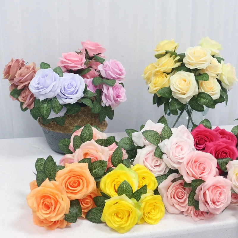 34cm Rose Silk Artificial Flowers Small Bouquet 5 Head Fake Flower Wedding Decoration Indoor DIY Supplies
