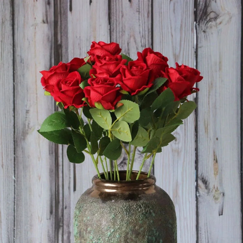 3/5pcs Roses Artificial Flowers Realistic Red Flannel Roses