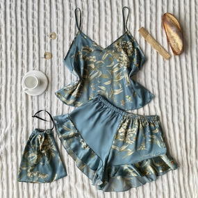 3 Pcs Summer Women Dress Silk Pajamas Set With Shorts & Bag
