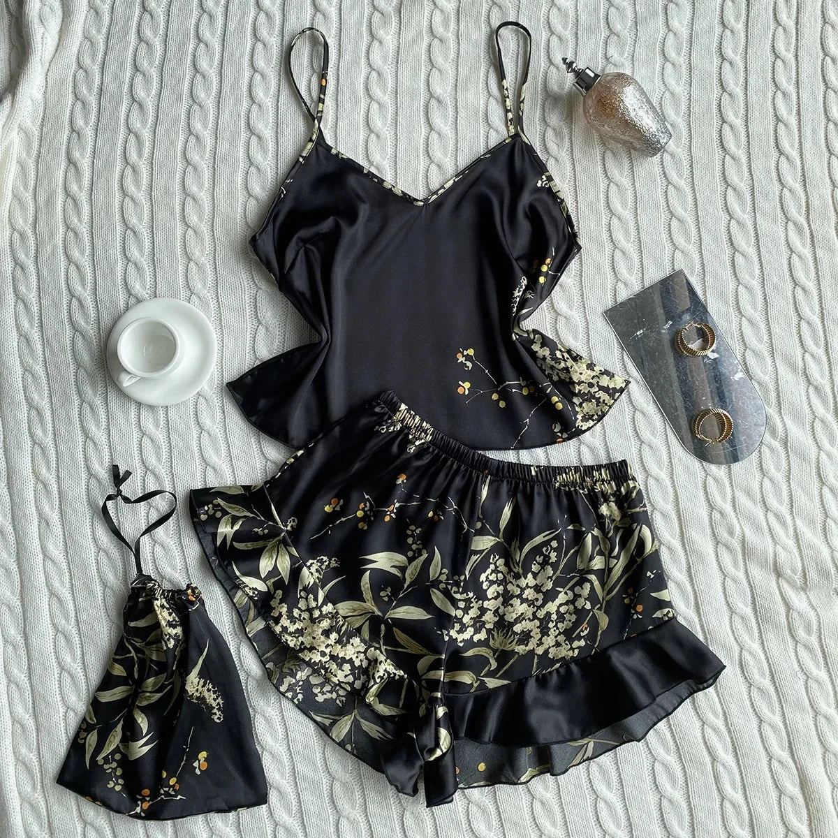 3 Pcs Summer Women Dress Silk Pajamas Set With Shorts & Bag