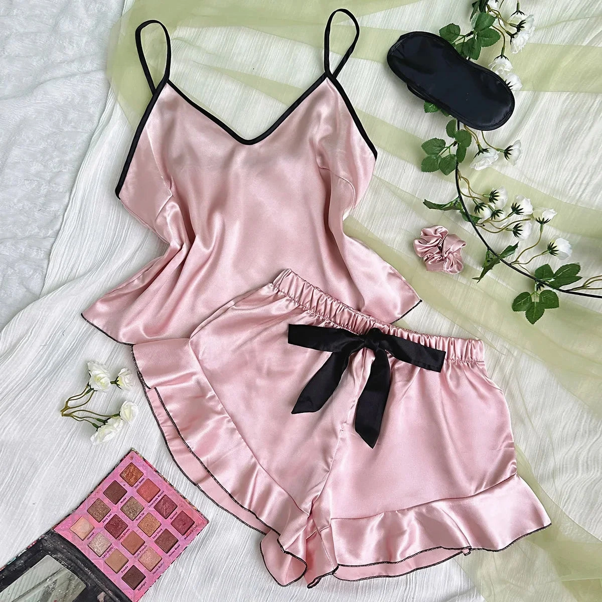3 Pcs Summer Women Dress Silk Pajamas Set With Shorts & Bag