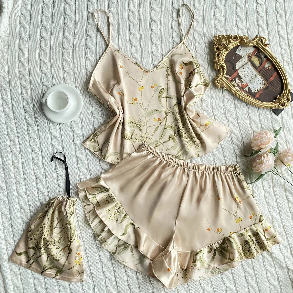 3 Pcs Summer Women Dress Silk Pajamas Set With Shorts & Bag