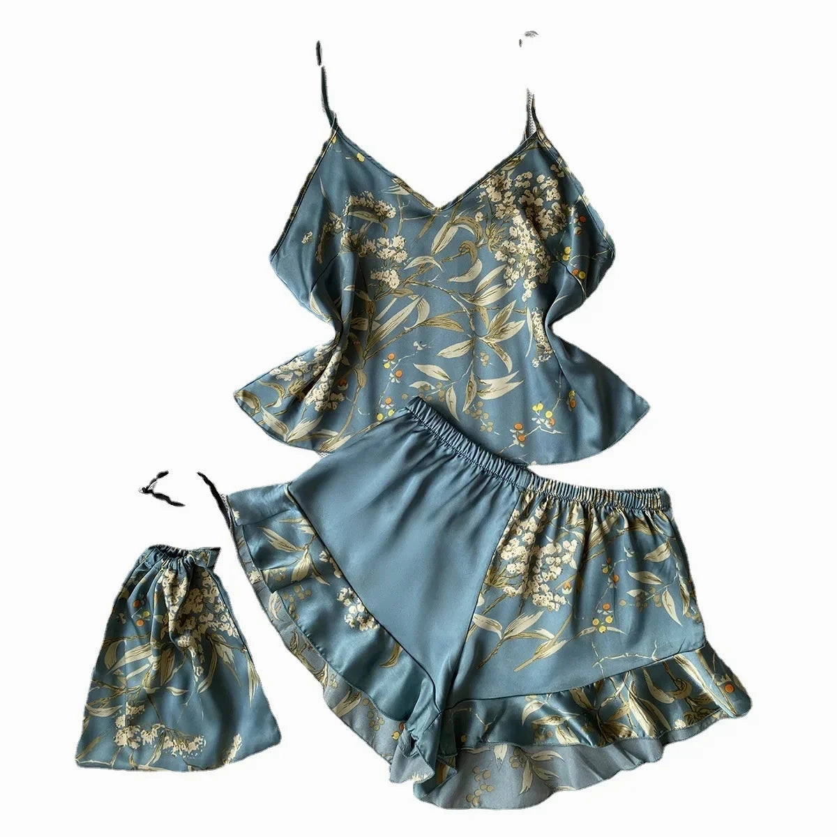 3 Pcs Summer Women Dress Silk Pajamas Set With Shorts & Bag