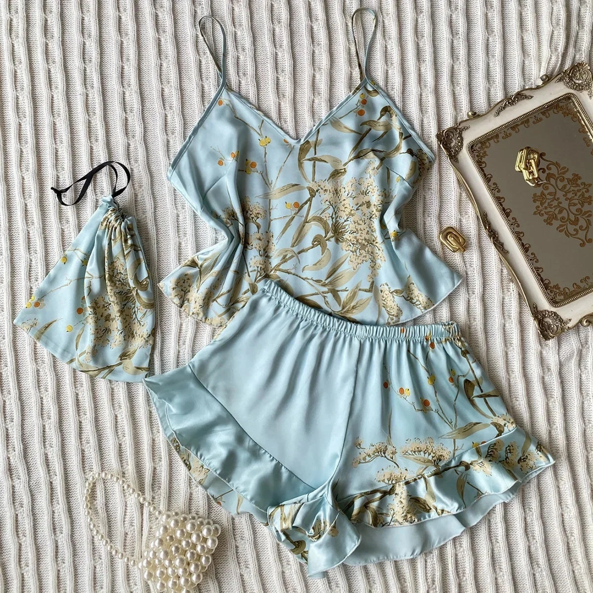 3 Pcs Summer Women Dress Silk Pajamas Set With Shorts & Bag