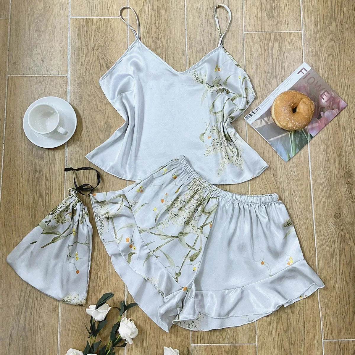 3 Pcs Summer Women Dress Silk Pajamas Set With Shorts & Bag