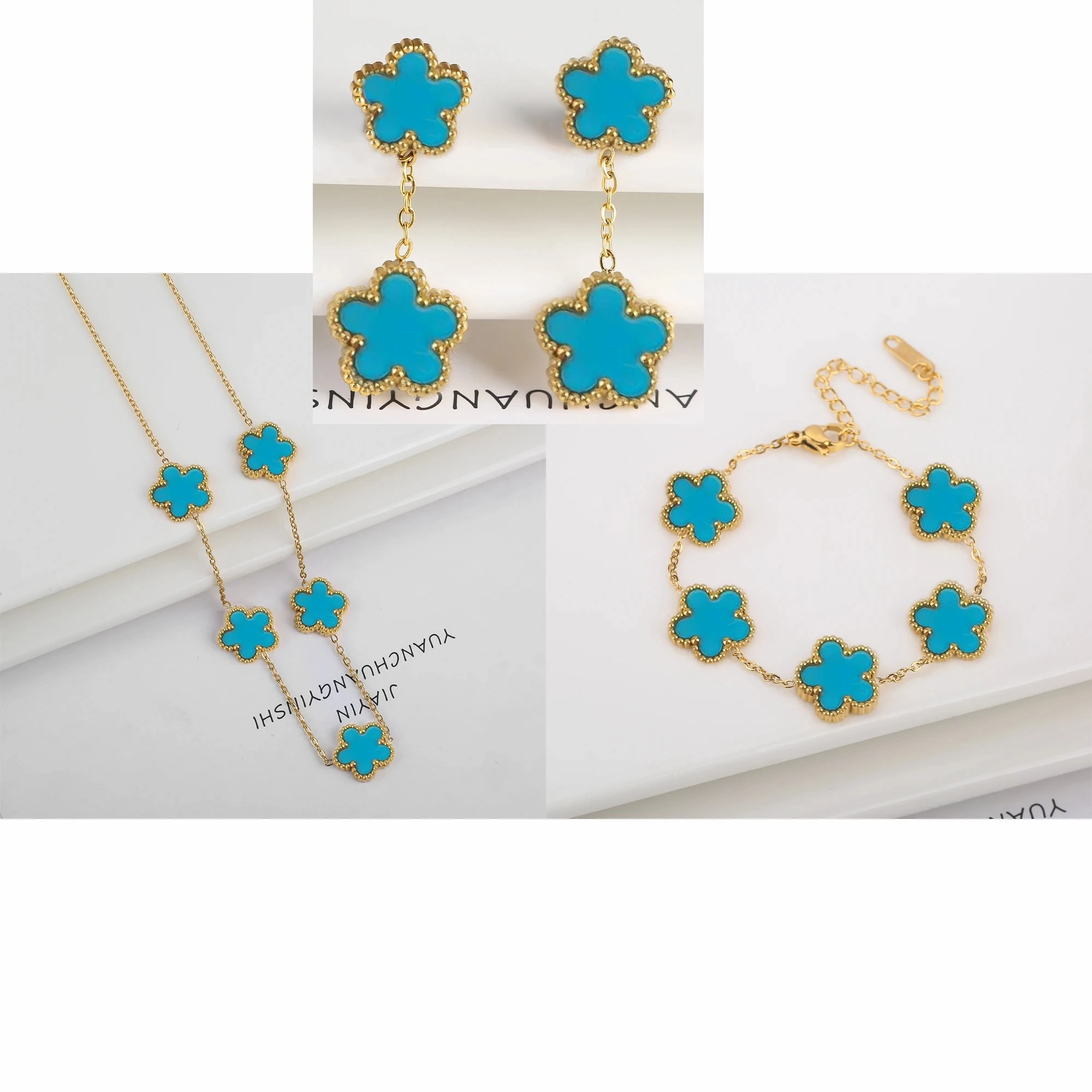 3Pcs Luxury Stainless Steel Five Leaf Flower Jewelry Set