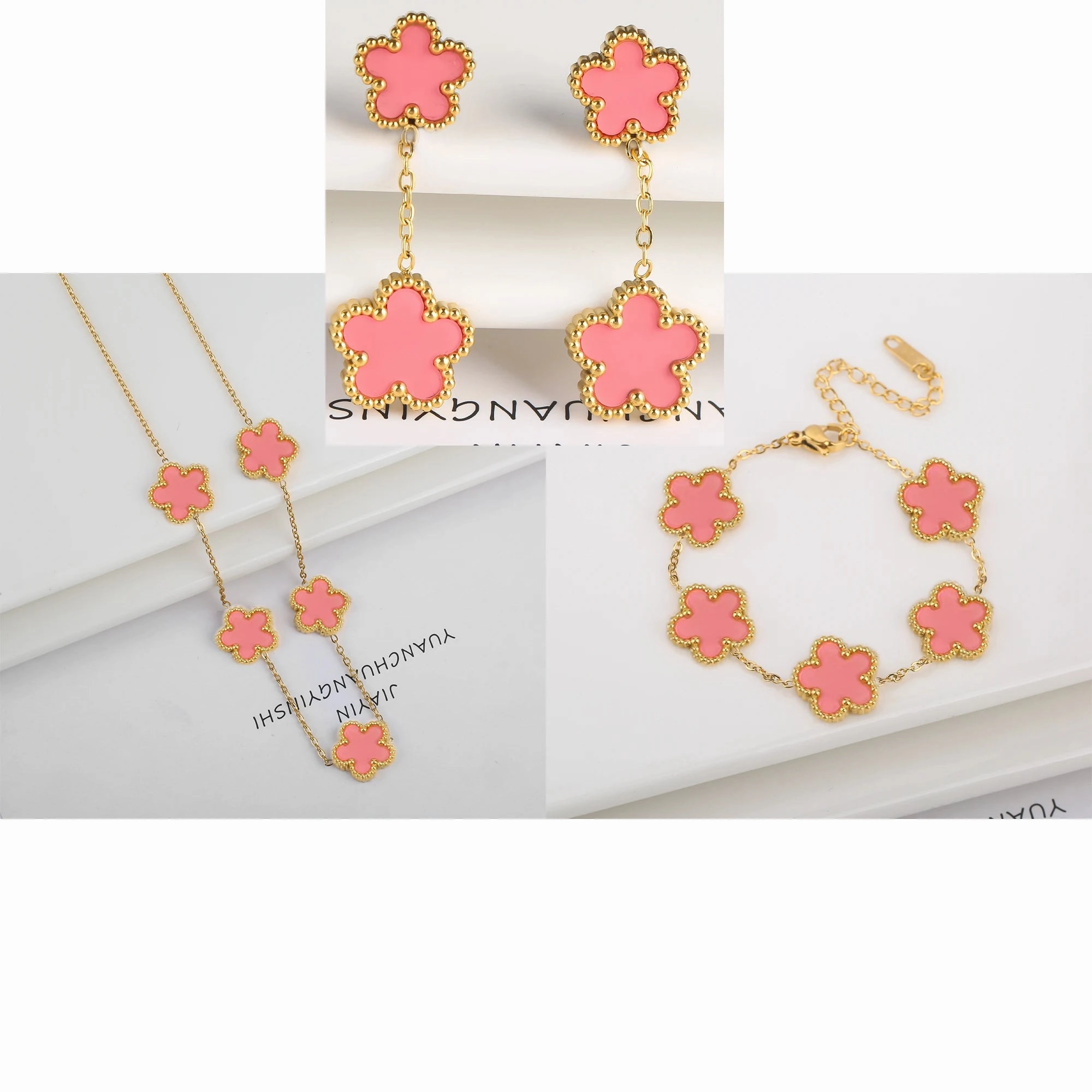 3Pcs Luxury Stainless Steel Five Leaf Flower Jewelry Set