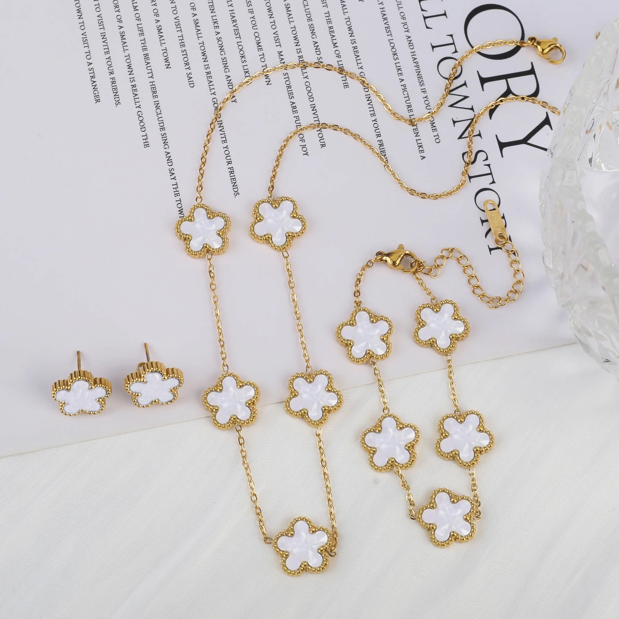 3Pcs Luxury Stainless Steel Five Leaf Flower Jewelry Set