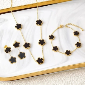 3Pcs Luxury Stainless Steel Five Leaf Flower Jewelry Set