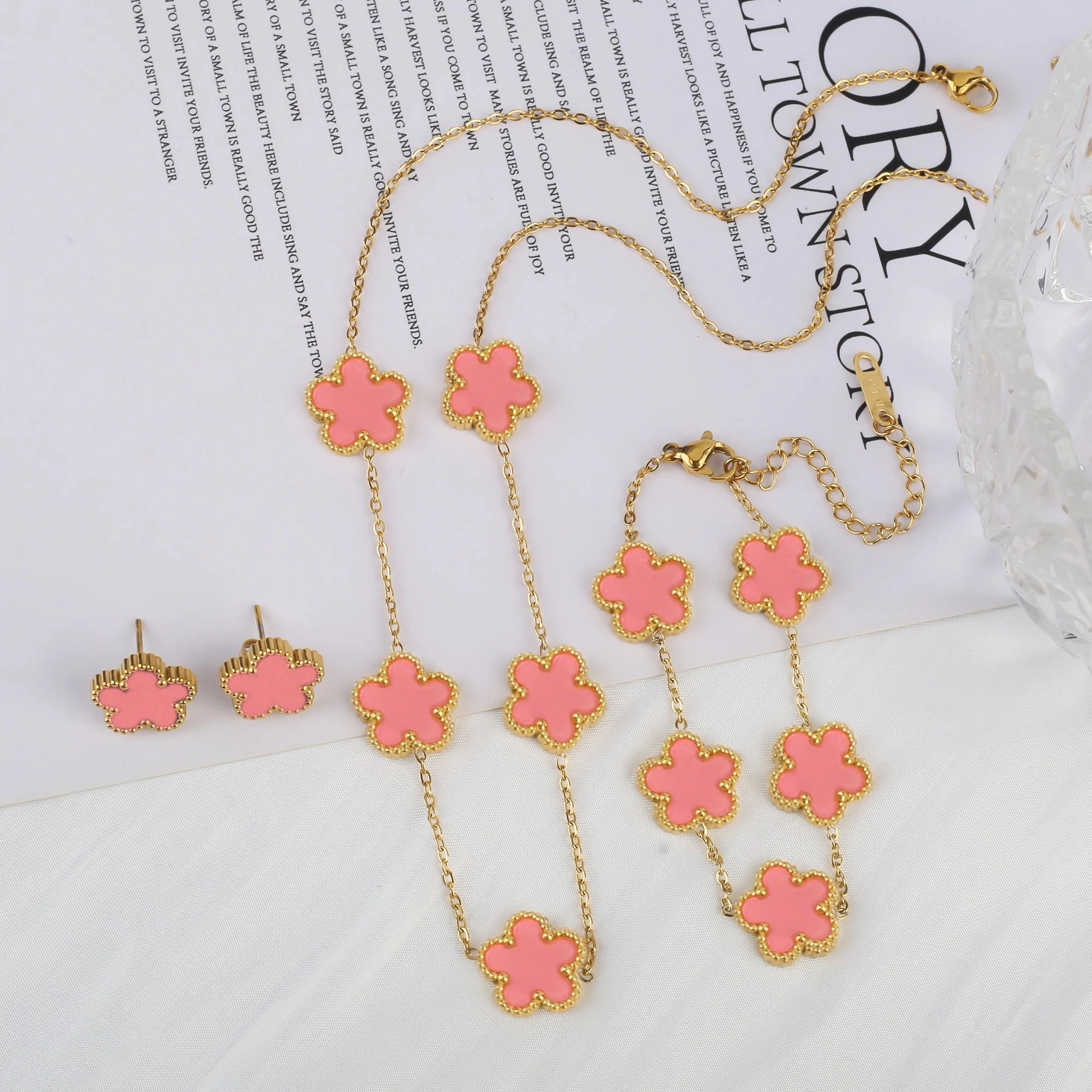 3Pcs Luxury Stainless Steel Five Leaf Flower Jewelry Set