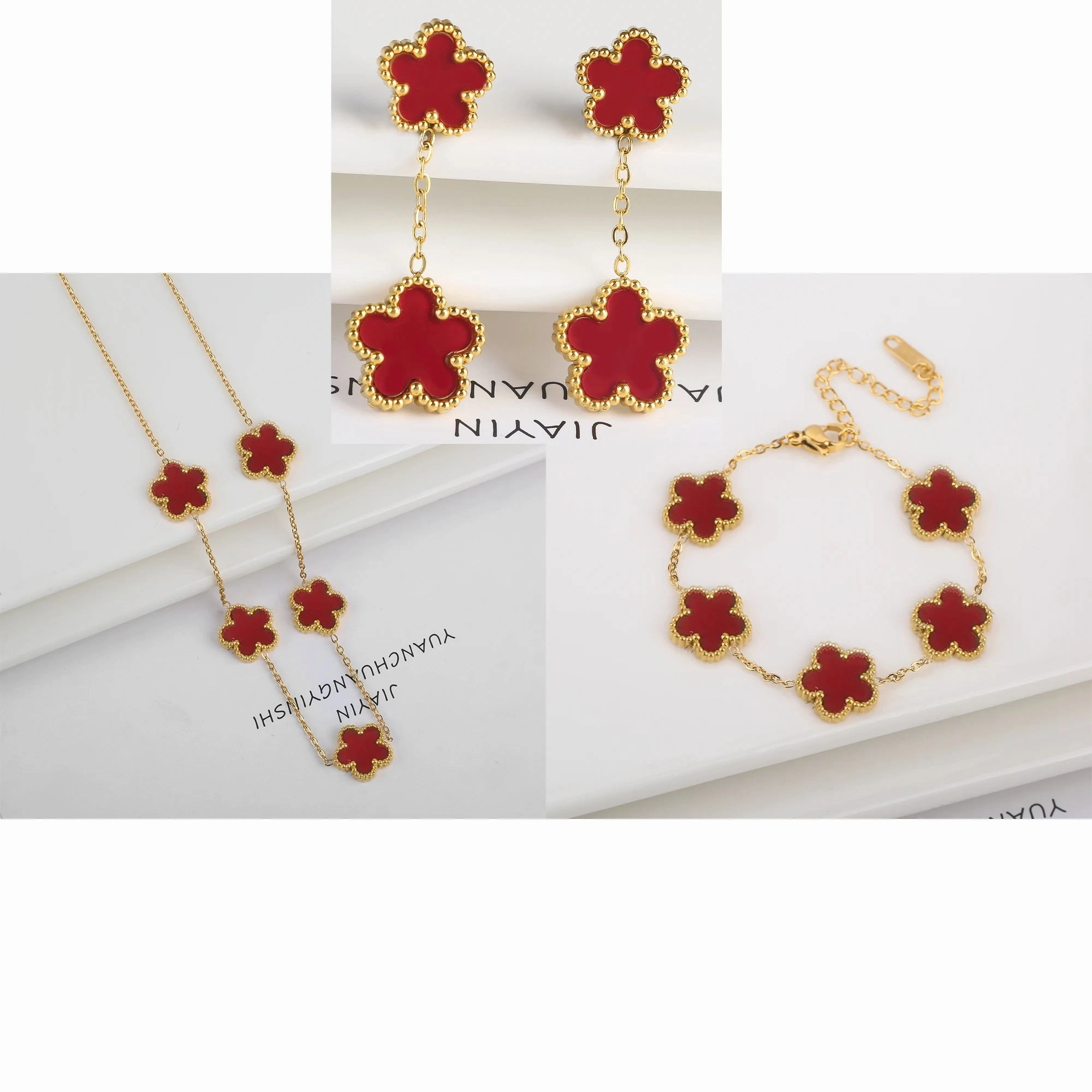 3Pcs Luxury Stainless Steel Five Leaf Flower Jewelry Set