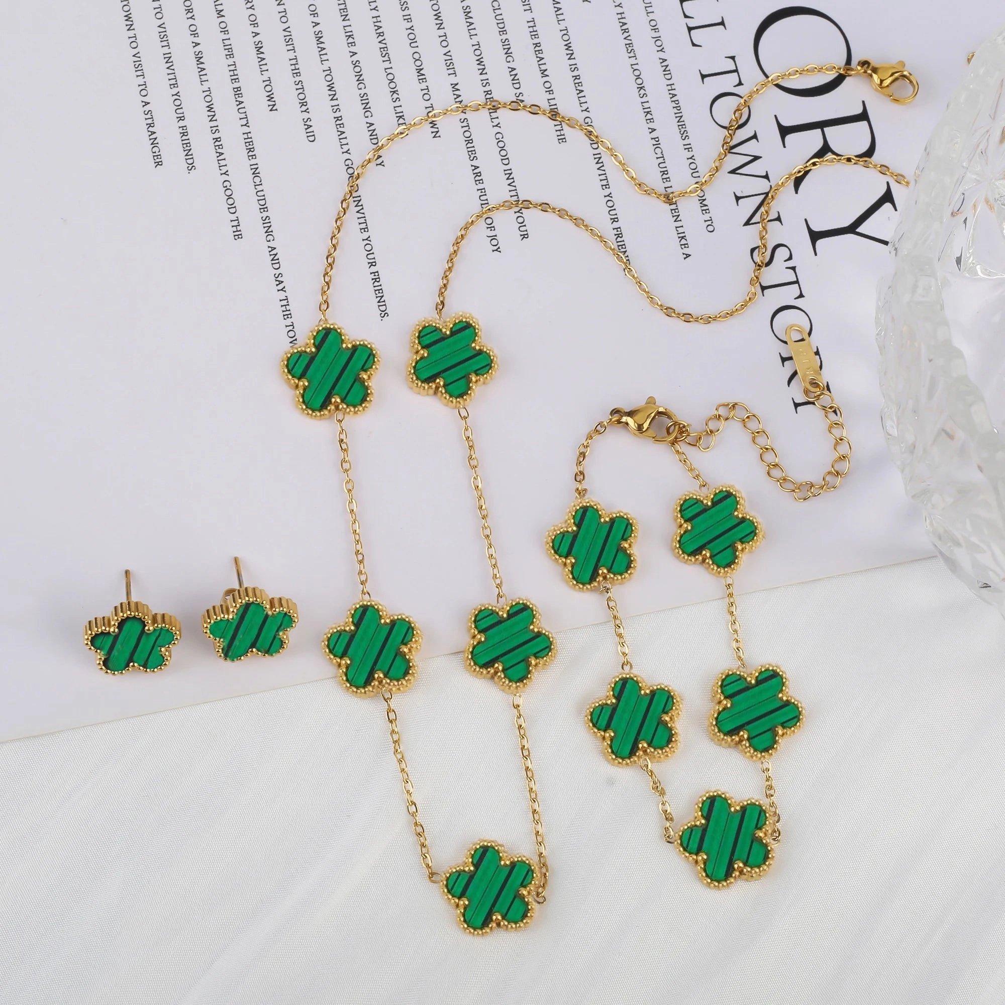 3Pcs Luxury Stainless Steel Five Leaf Flower Jewelry Set