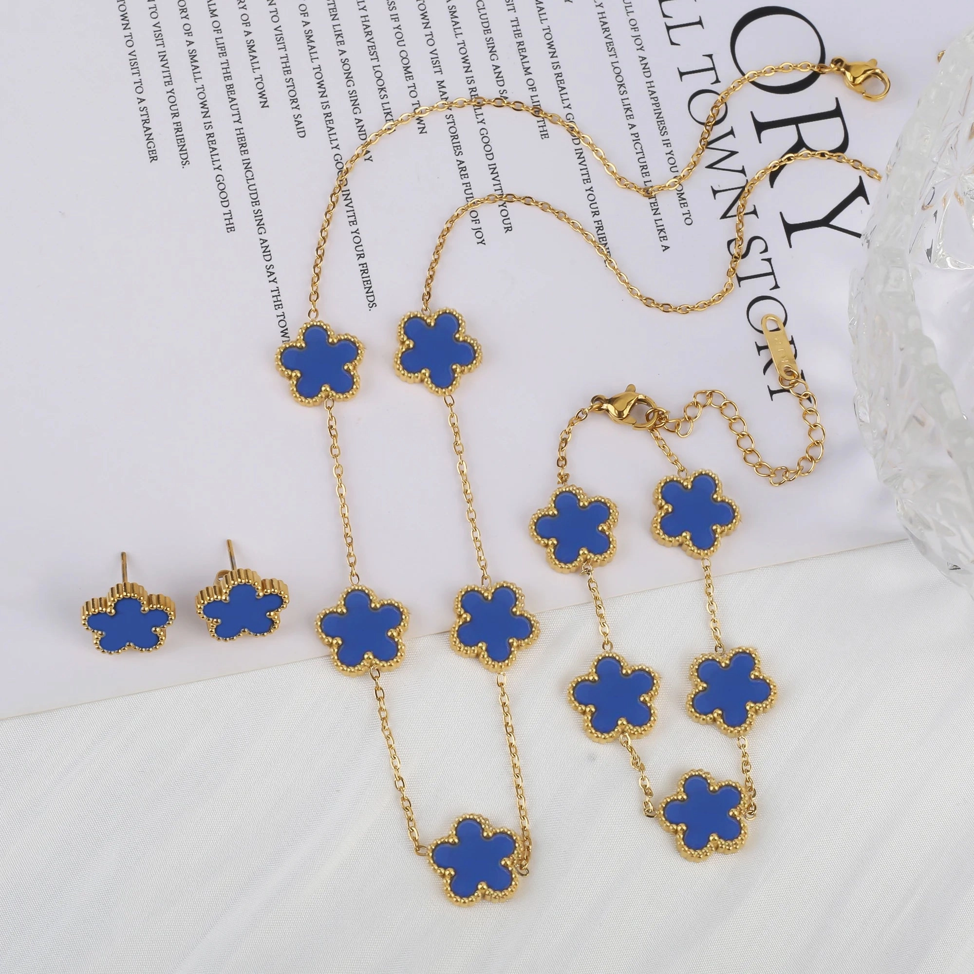 3Pcs Luxury Stainless Steel Five Leaf Flower Jewelry Set