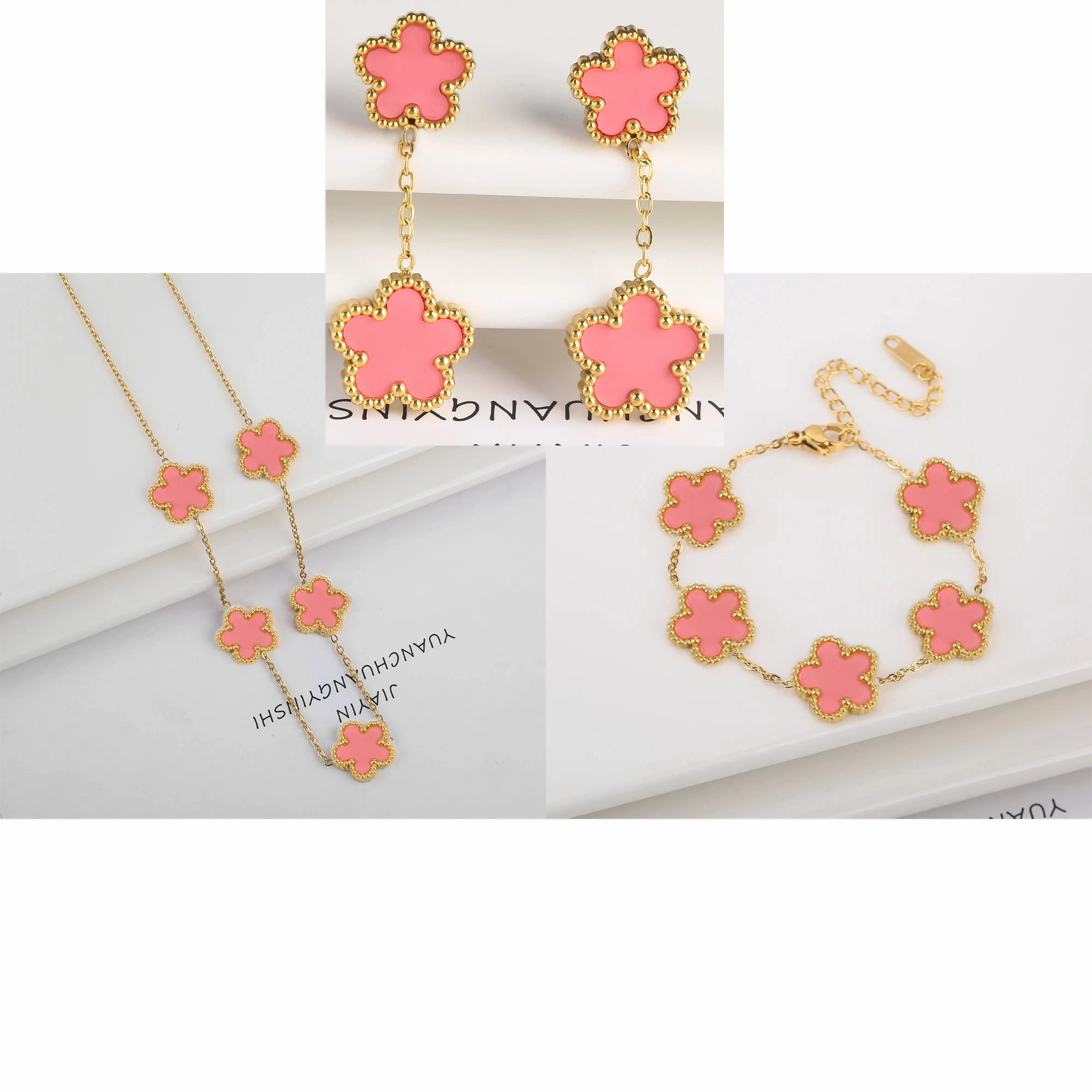 3Pcs Luxury Stainless Steel Five Leaf Flower Jewelry Set