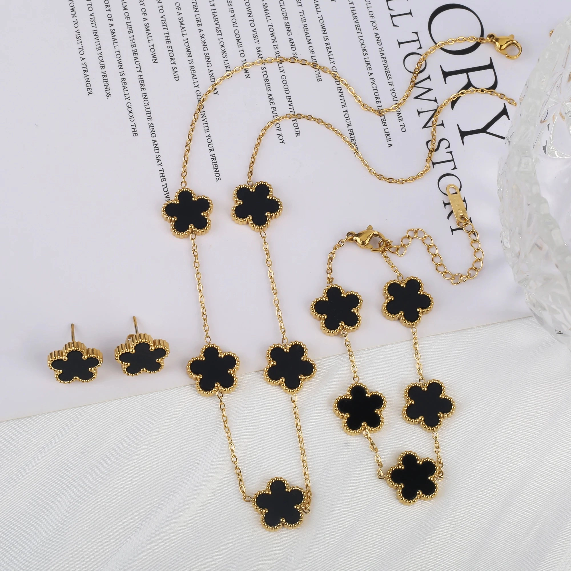 3Pcs Luxury Stainless Steel Five Leaf Flower Jewelry Set