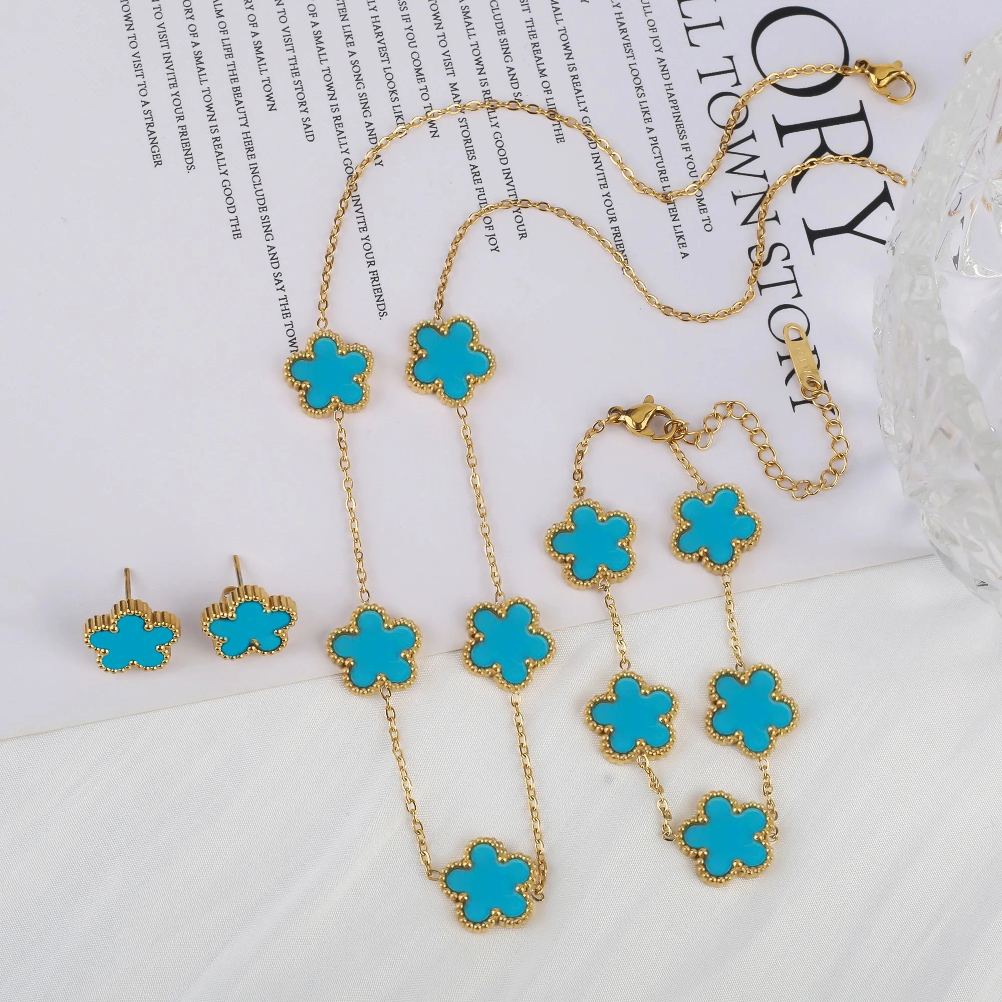 3Pcs Luxury Stainless Steel Five Leaf Flower Jewelry Set