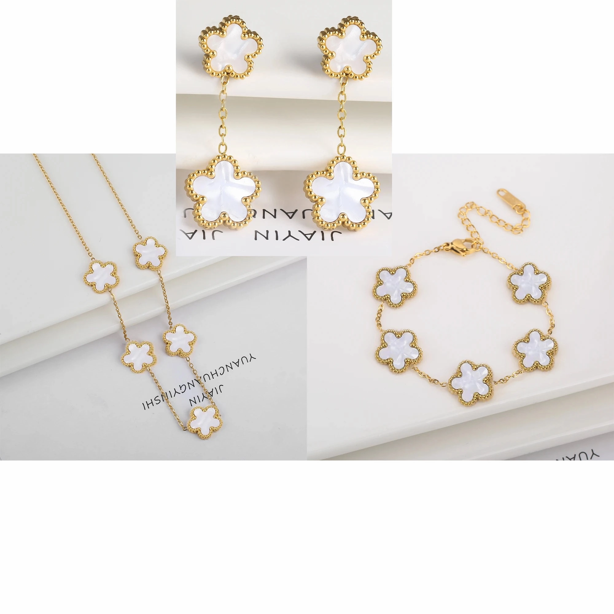 3Pcs Luxury Stainless Steel Five Leaf Flower Jewelry Set