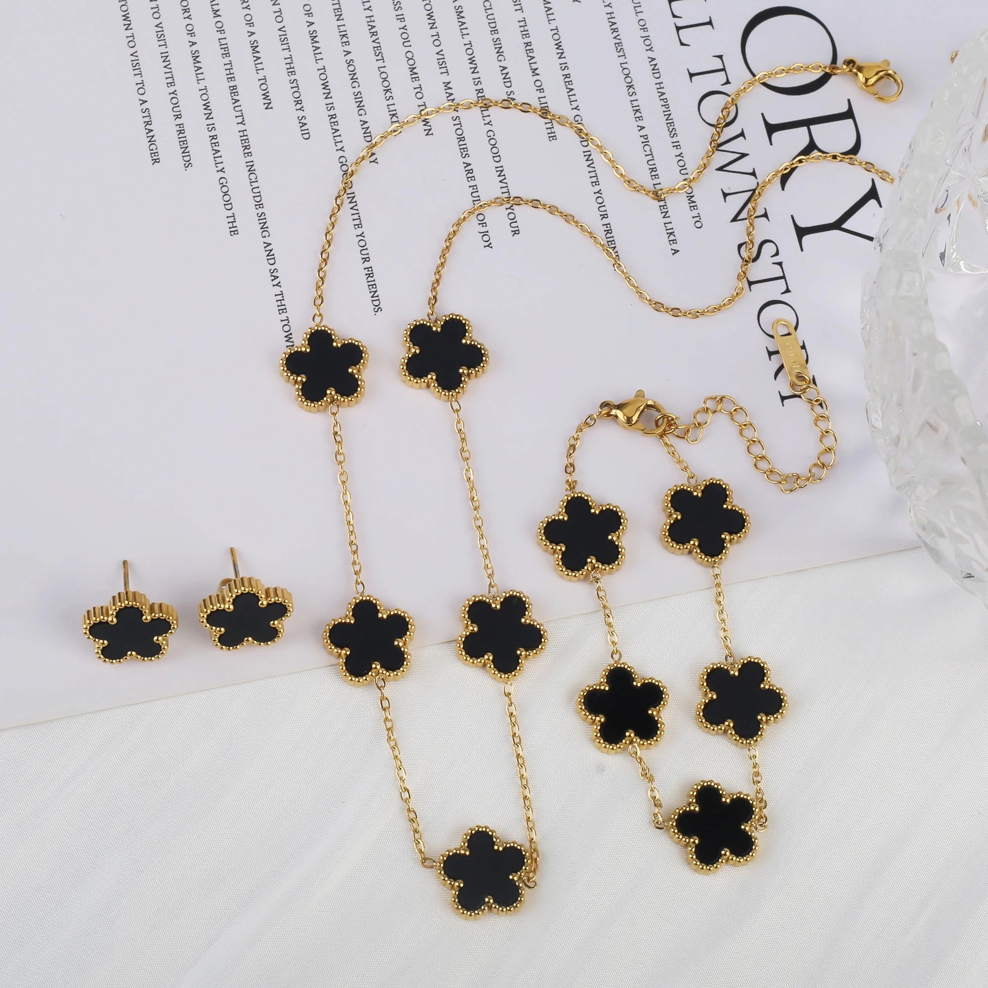 3Pcs Luxury Stainless Steel Five Leaf Flower Jewelry Set