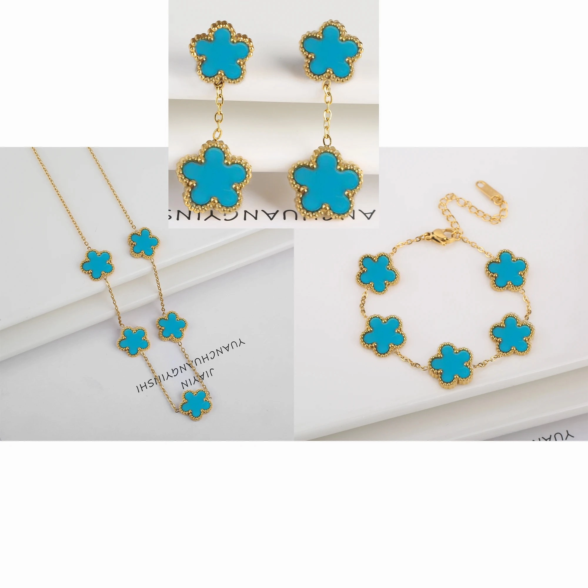 3Pcs Luxury Stainless Steel Five Leaf Flower Jewelry Set