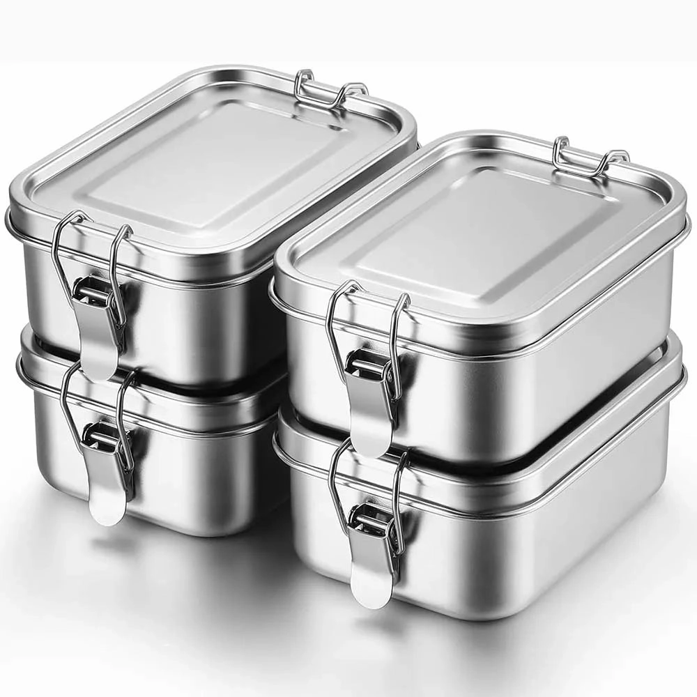 4Pcs Stainless Steel Bento Box Metal Lunch Box Food Storage Containers with Lockable Clips for Work and School
