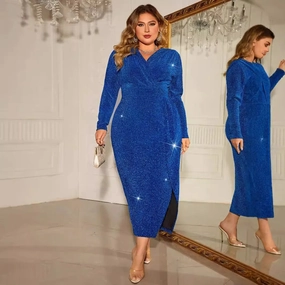 4XL Sexy V-Neck Bodycon Sequins Midi Evening Dress Long Sleeve Plus Size Party Wear
