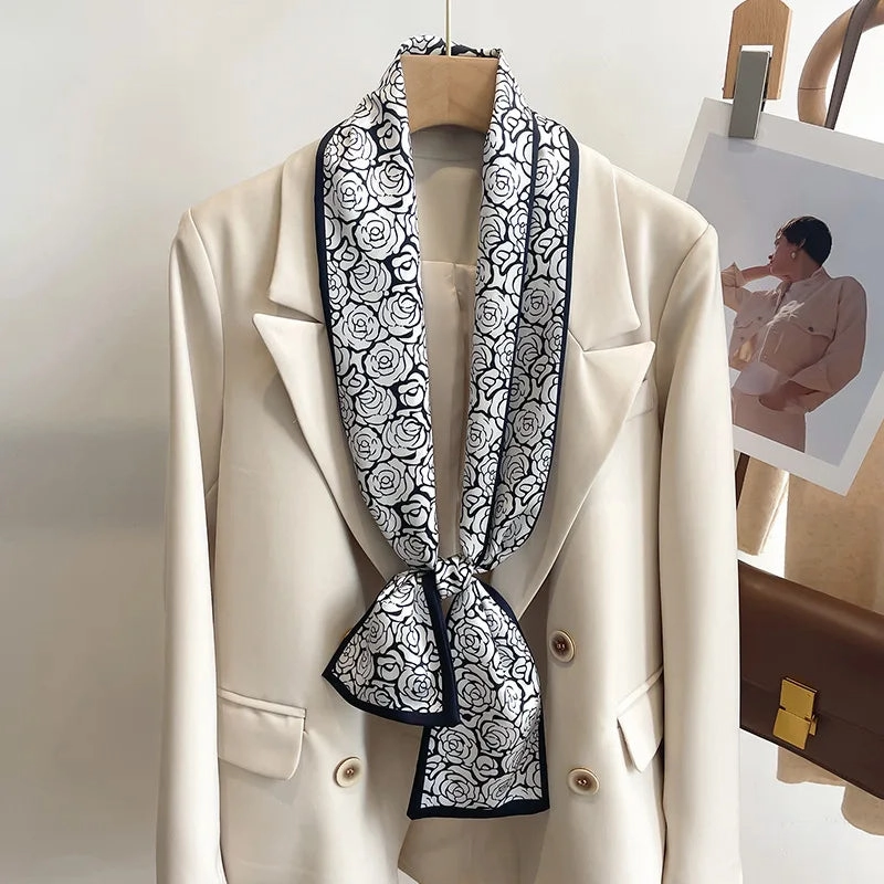 50 Color New Women Silk Printed Design Scarf Shawl Fashion Luxury Long Narrow Small Silk Scarves for Stylish Headbands and Headscarves