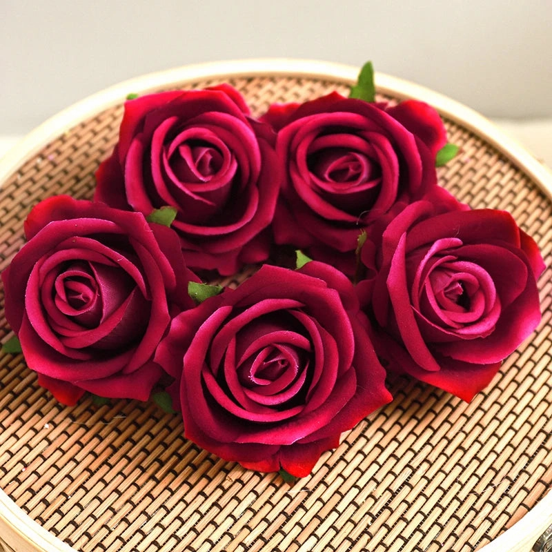 5Pcs Wine Red Rose Artificial Silk Flower Heads for DIY Decor