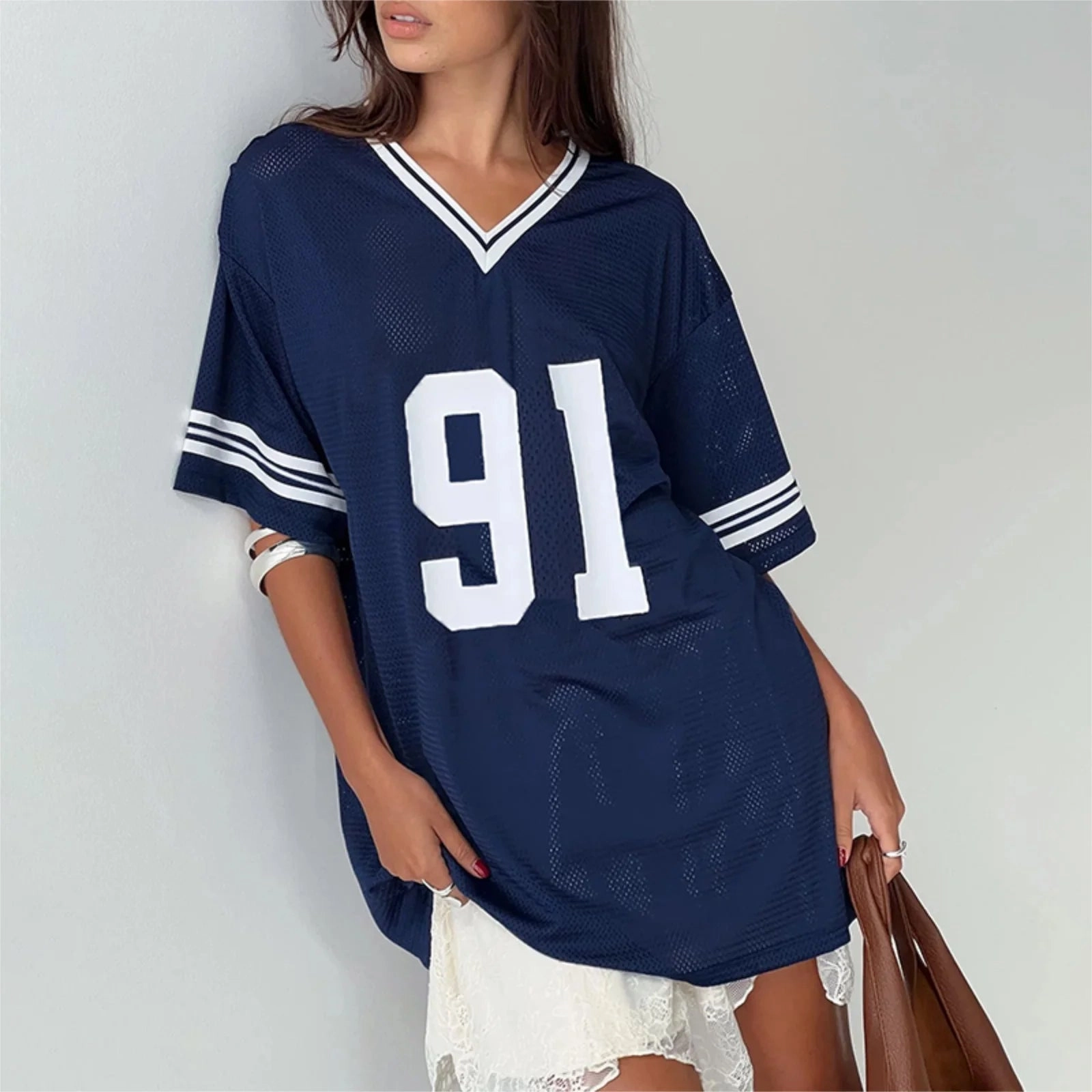 90s-Inspired Oversized Graphic V Neck Tees for Women - Baggy Half Sleeve Streetwear T-Shirts