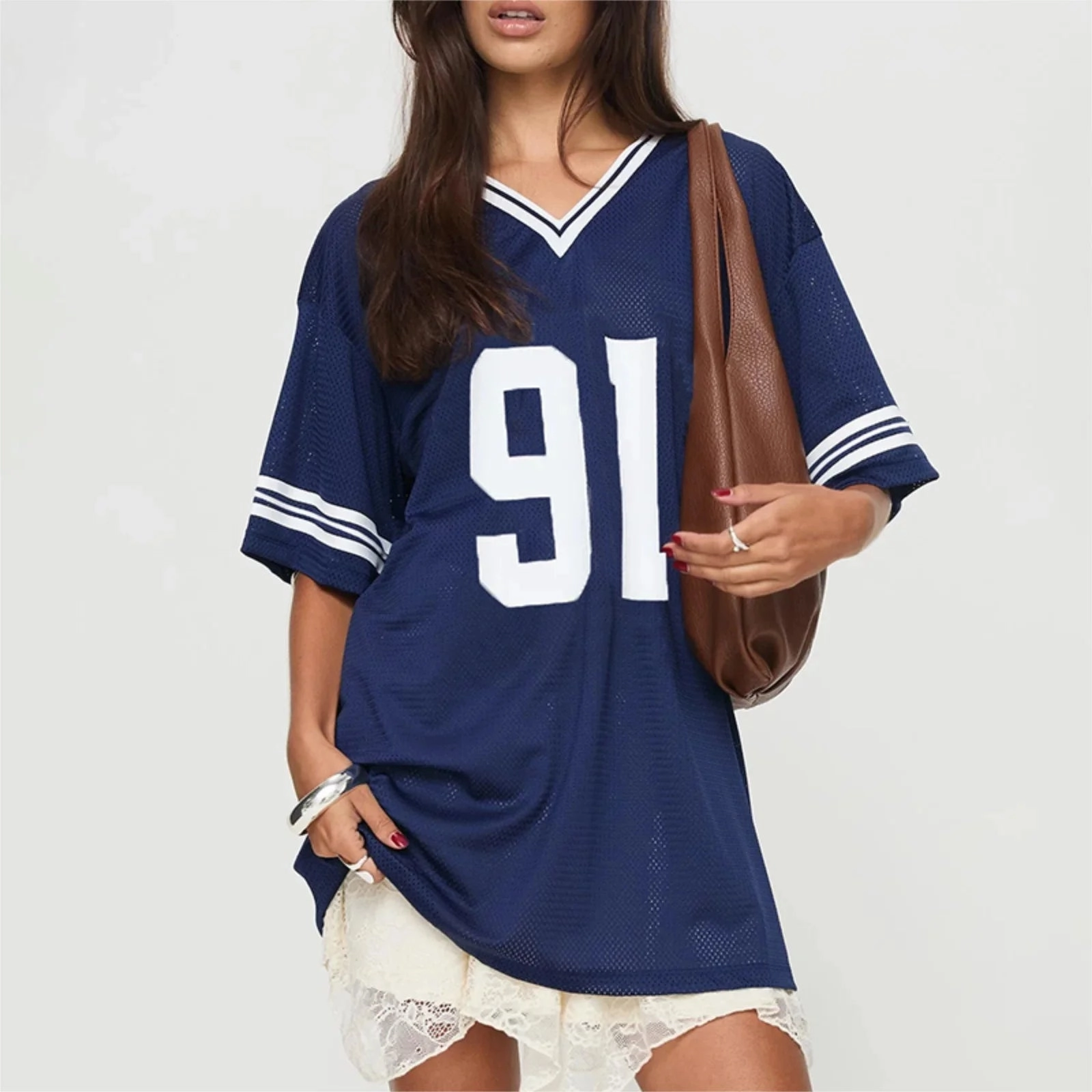 90s-Inspired Oversized Graphic V Neck Tees for Women - Baggy Half Sleeve Streetwear T-Shirts