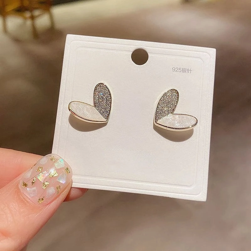 925 Silver Needle Cute Heart Bling Zircon Stone Stud Earrings