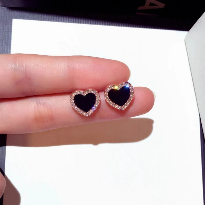 925 Silver Needle Cute Heart Bling Zircon Stone Stud Earrings