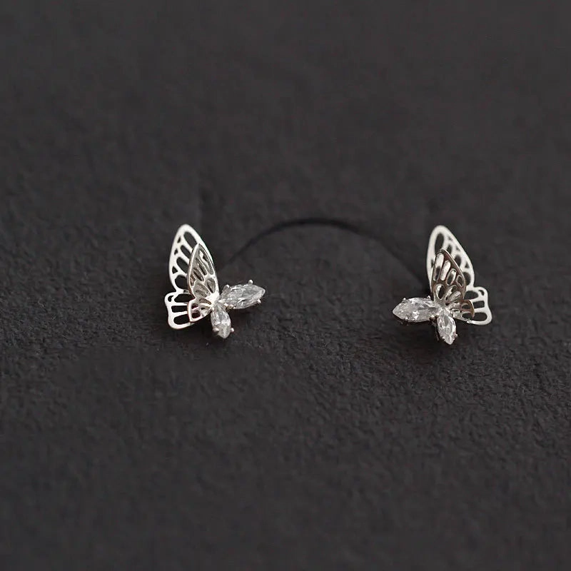 925 Silver Needle Shiny Zircon Butterfly Earring for Students
