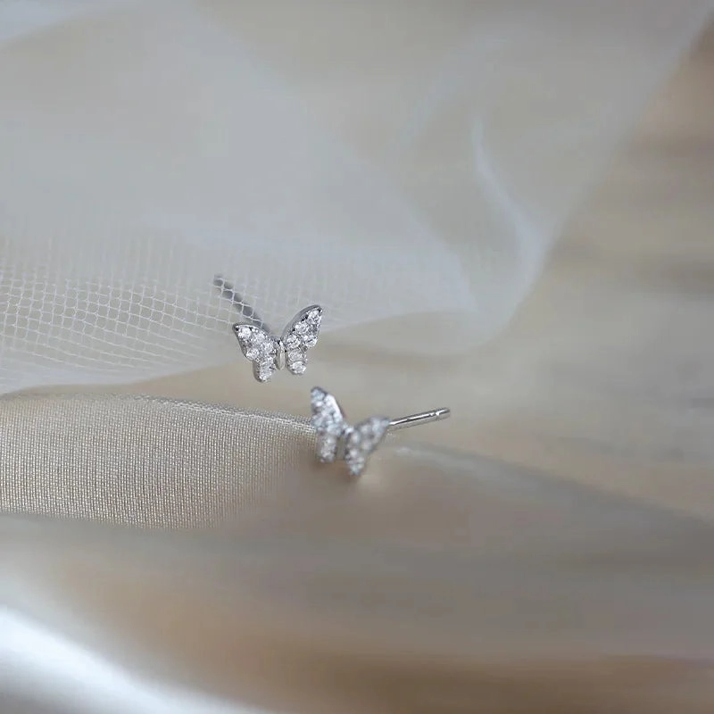 925 Silver Needle Shiny Zircon Butterfly Earring for Students
