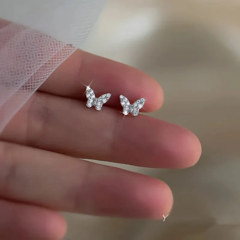 925 Silver Needle Shiny Zircon Butterfly Earring for Students