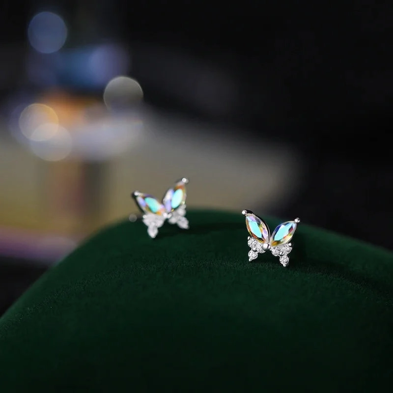 925 Silver Needle Shiny Zircon Butterfly Earring for Students