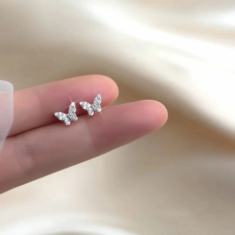 925 Silver Needle Shiny Zircon Butterfly Earring for Students