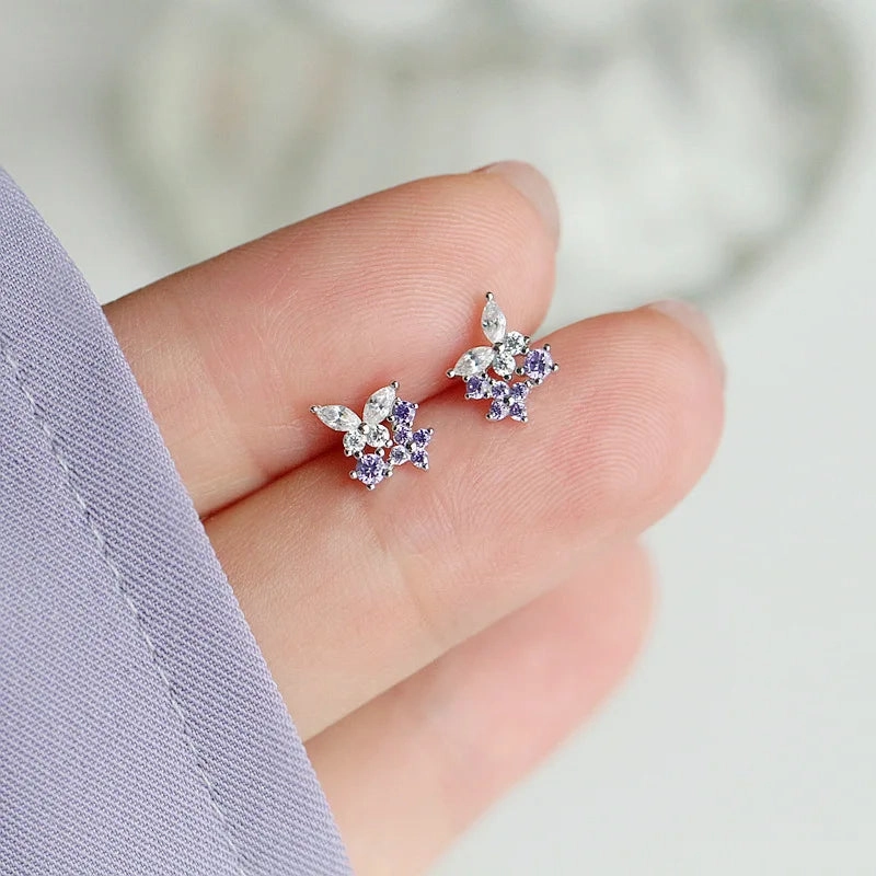 925 Silver Needle Shiny Zircon Stud Earrings Cute Sweet Style