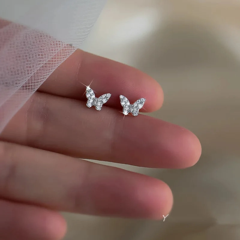 925 Silver Needle Shiny Zircon Stud Earrings Cute Sweet Style