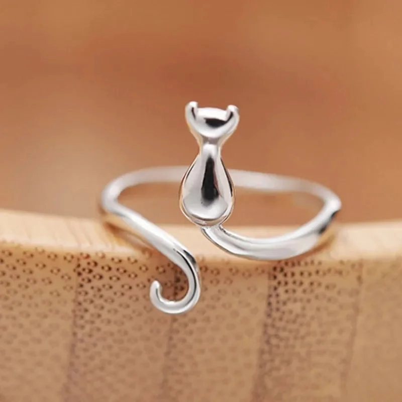 925 Silver Plating Little Cat Open Ring Luxury Jewelry