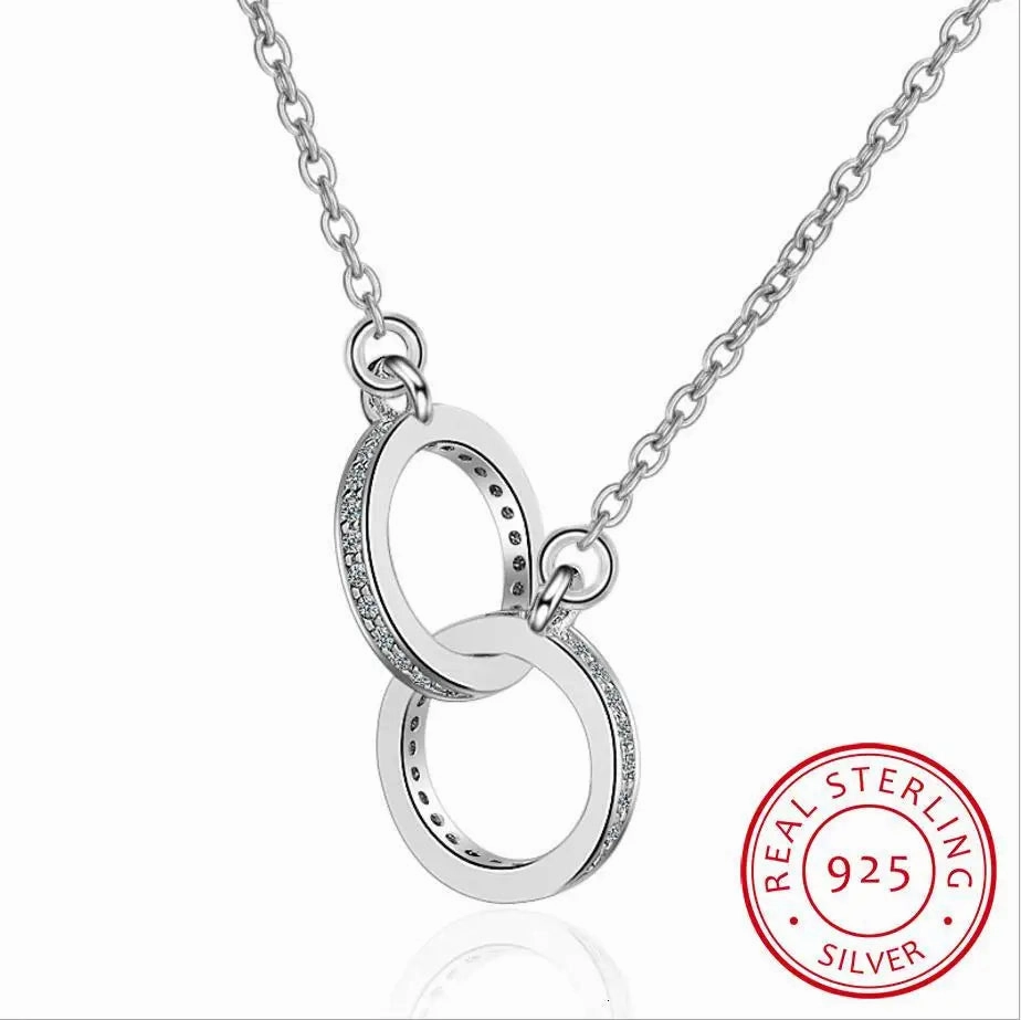 925 Sterling Silver Double Circle Cz Zirconia Necklace Gift