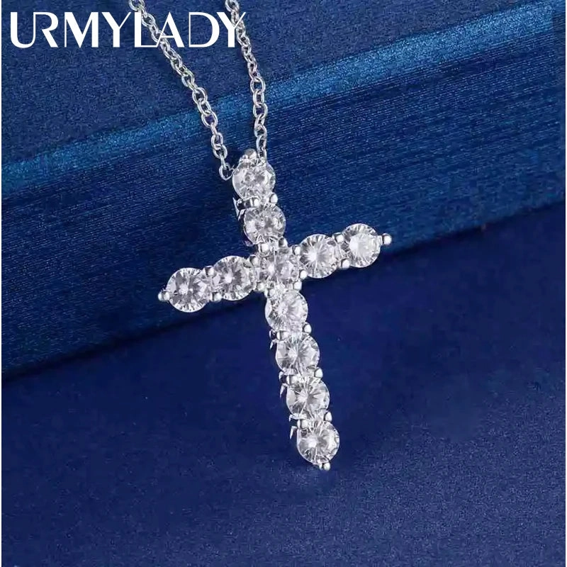 925 Sterling Silver Necklace Women Wedding Cross CZ Pendant
