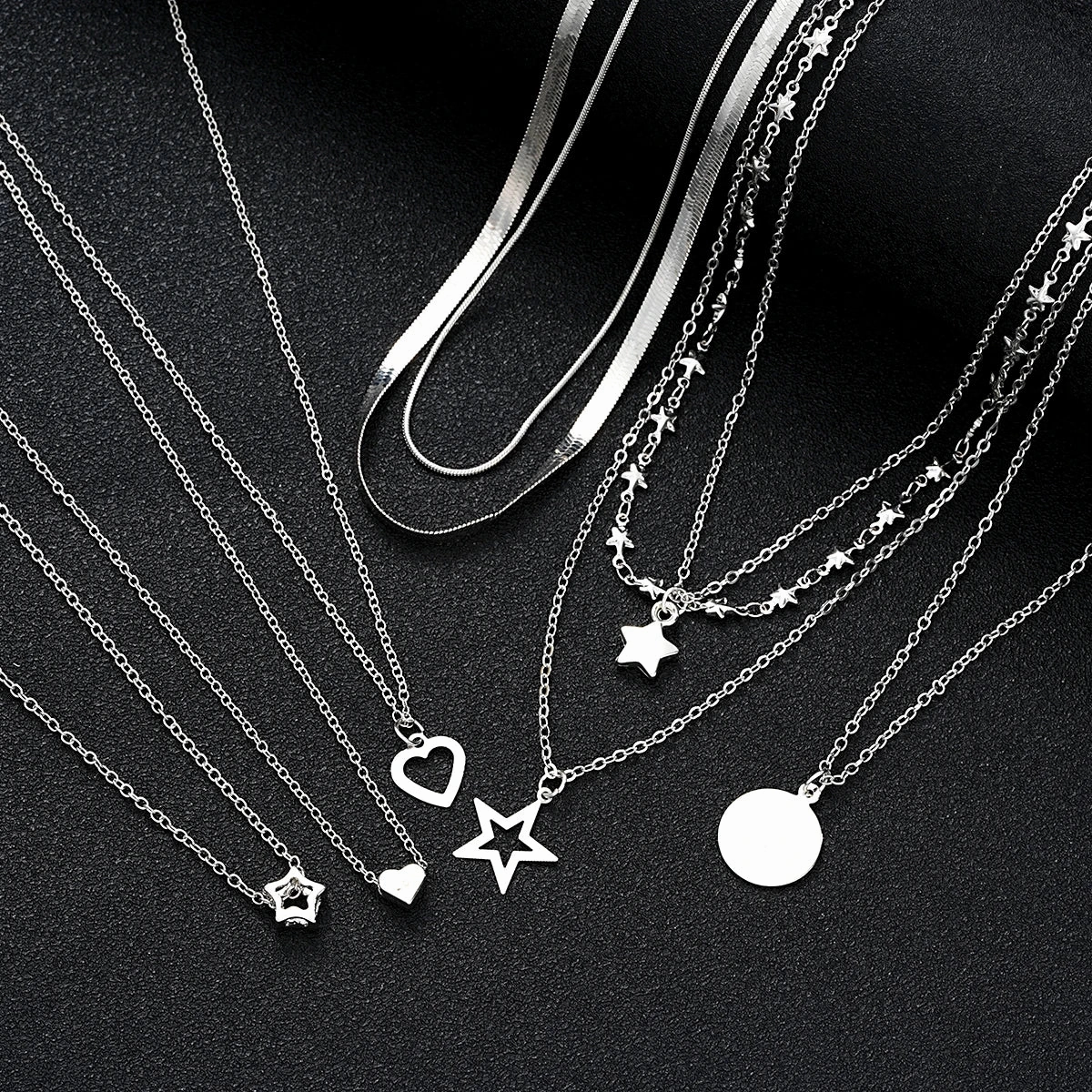 9 Pcs Simple Choker Necklaces for Women Fashion Love Heart Star Pendant Jewelry Gift