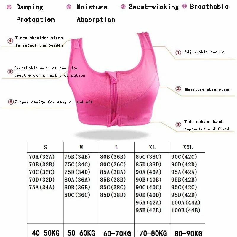 Absorb Sweat Shock-proof Sports Bra with Front Zipper and Fixed Shoulder Straps for High-Intensity Workouts