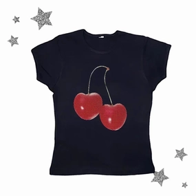 Aesthetic Summer Baby Tee Streetwear Goth Harajuku Cherry Print Crop Top for Women Y2K Style