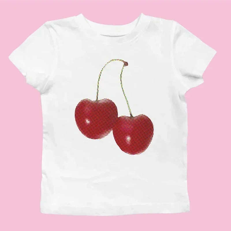 Aesthetic Summer Baby Tee Streetwear Goth Harajuku Cherry Print Crop Top for Women Y2K Style