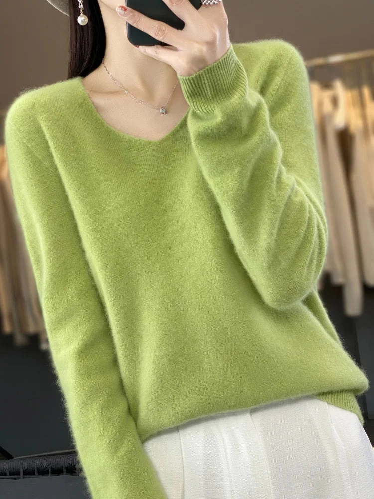 Aliselect Fashion 100% Merino Wool Women Sweater V-Neck Tops