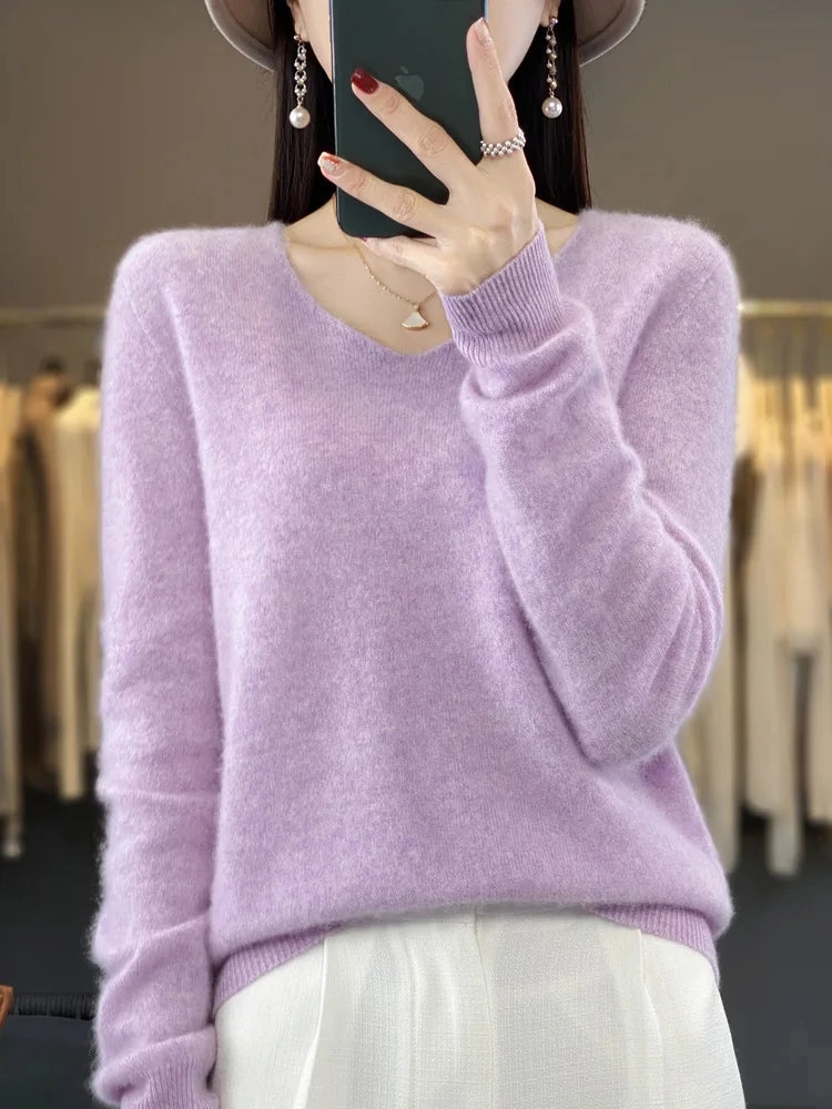Aliselect Fashion 100% Merino Wool Women Sweater V-Neck Tops