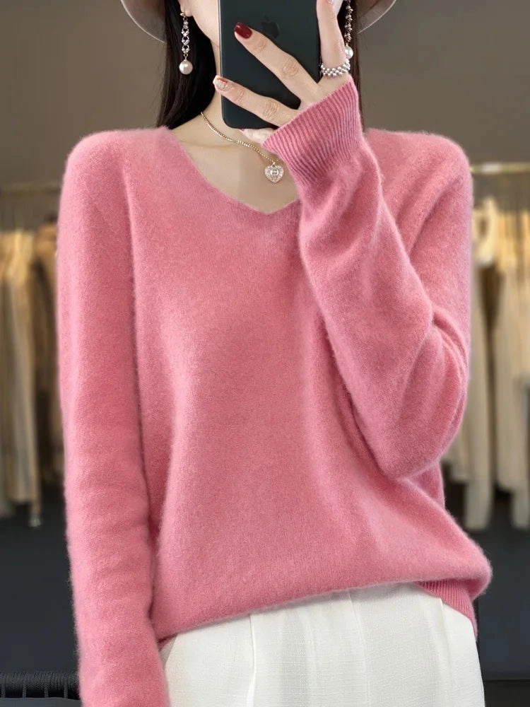 Aliselect Fashion 100% Merino Wool Women Sweater V-Neck Tops