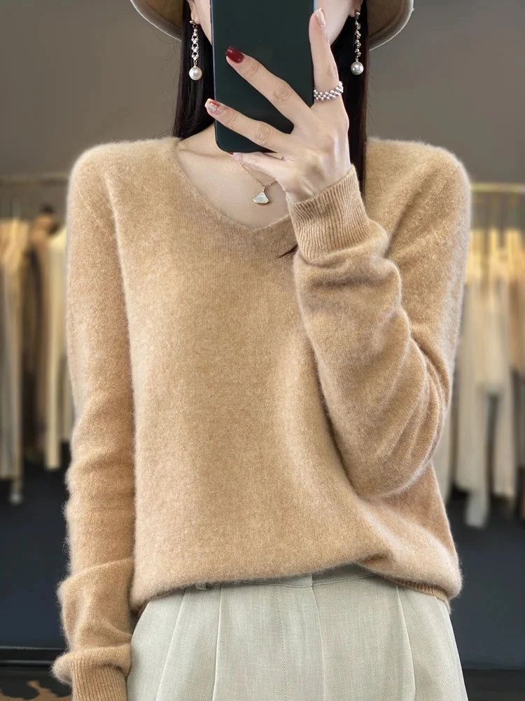 Aliselect Fashion 100% Merino Wool Women Sweater V-Neck Tops