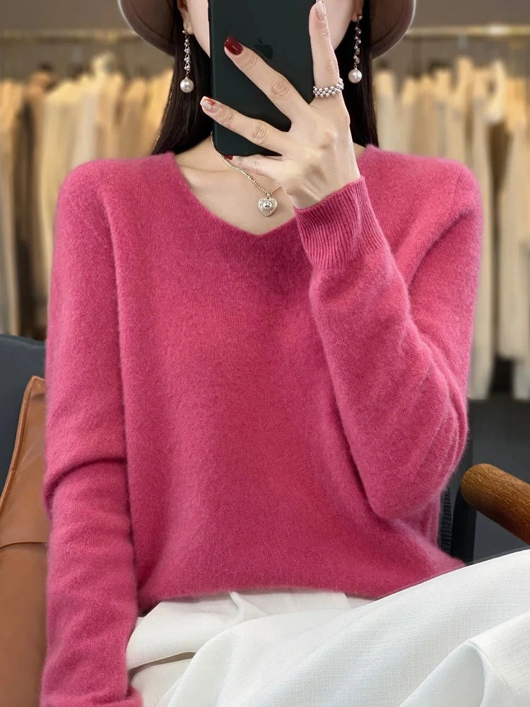 Aliselect Fashion 100% Merino Wool Women Sweater V-Neck Tops